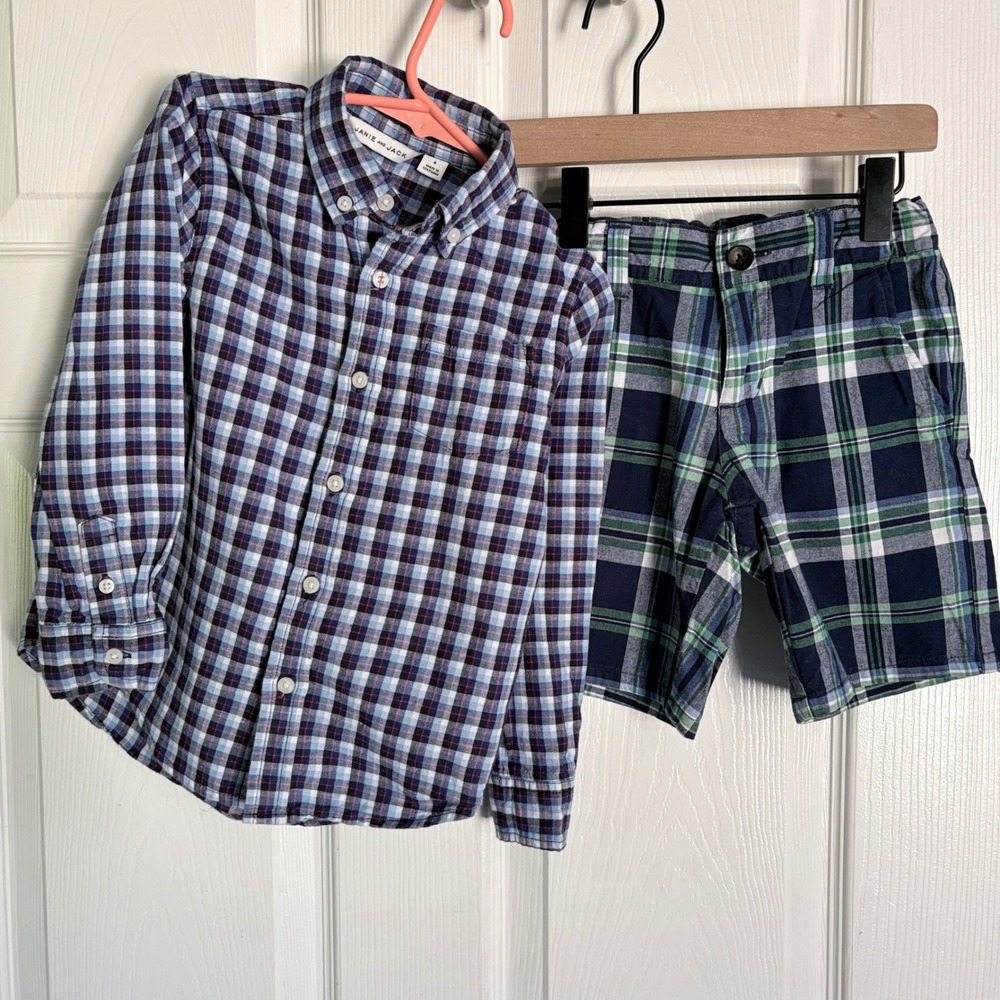 Janie and Jack Shirt and Shorts Bundle Size 4 Blue Green Plaid 2pc Outfit